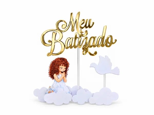 Topo Meu Batizado com anjinha, nuvens brancas e letras douradas