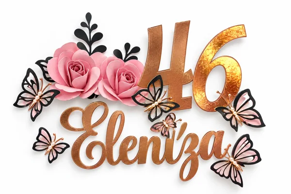 Topo Eleniza 46 com rosas cor-de-rosa, borboletas e números metalizados