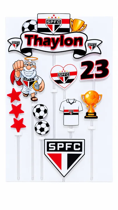 Topo de futebol São Paulo com nome Thaylon, idade 23, bolas e troféu