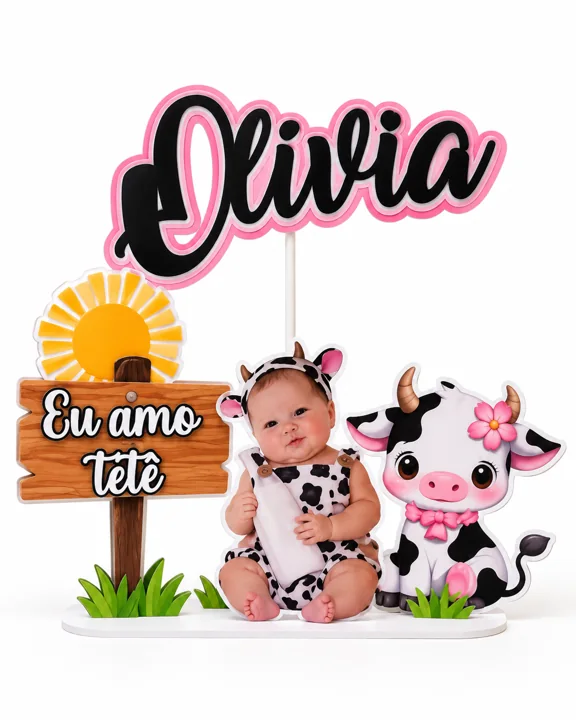 Topo Olivia com tema de vaquinha, girassol e detalhes cor-de-rosa